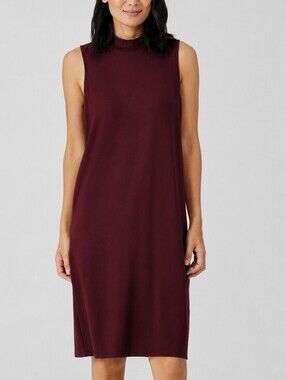 Eileen Fisher Mock Neck Sleeveless Jersey Tank Dress in Burgundy